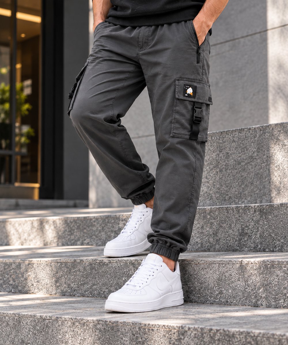 Grey cargo trousers